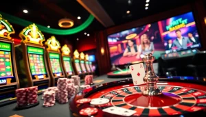Expérience de jeu interactive en ligne dans un casino en ligne, avec des machines à sous vibrantes et des tables de poker.