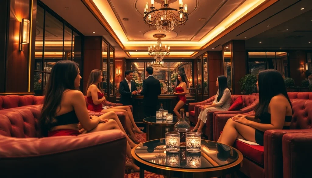 Premium Singapore escort models in an upscale lounge setting, engaging clients.