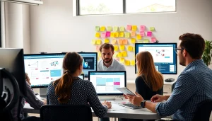 Web designers essex collaborating in a modern office, showcasing creative teamwork and design elements.