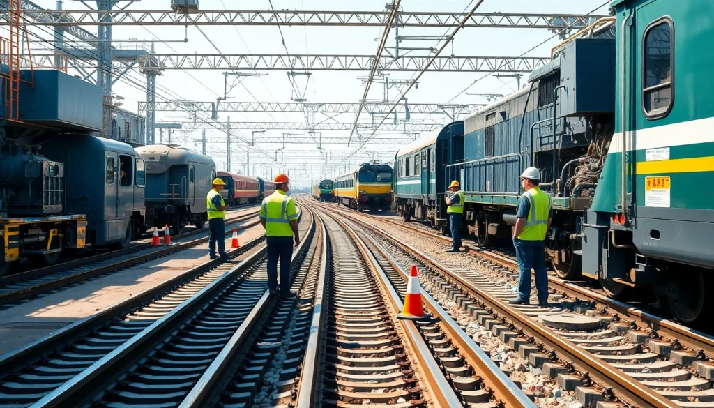 Railroa Maintenance Services showcasing technicians inspecting rails in a vibrant railway yard.
