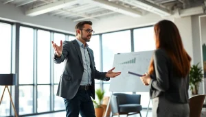 Engaging business coach near me facilitating a client session in a modern office.