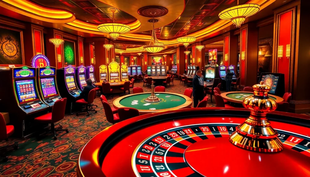 A vibrant interior of thabet casino featuring poker tables, slot machines, and roulette wheels.