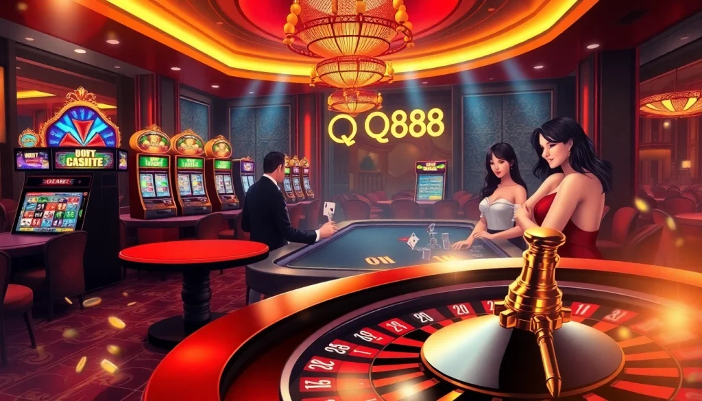Engaging casino scene showcasing QQ88 gaming excitement with tables and slot machines.