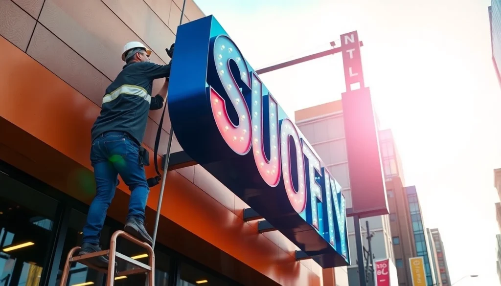 Demonstration of sign installation with a team mounting an illuminated sign in a commercial setting.