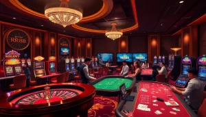Engage in thrilling gameplay at RR88 casino with vibrant slot machines and elegant roulette.