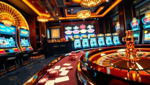 Experience high-stakes gaming at RR88 with vibrant roulette tables and captivating slot machines.