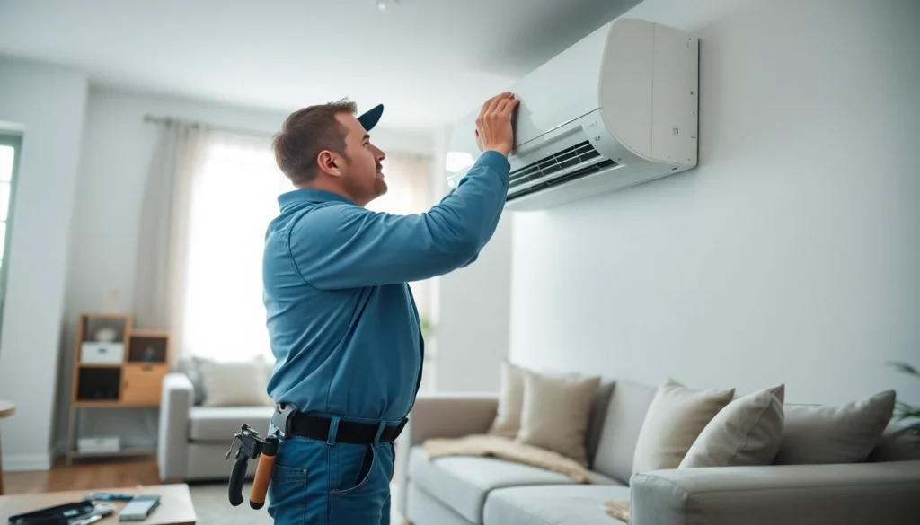 Technician completing AC installation services in a contemporary living room.