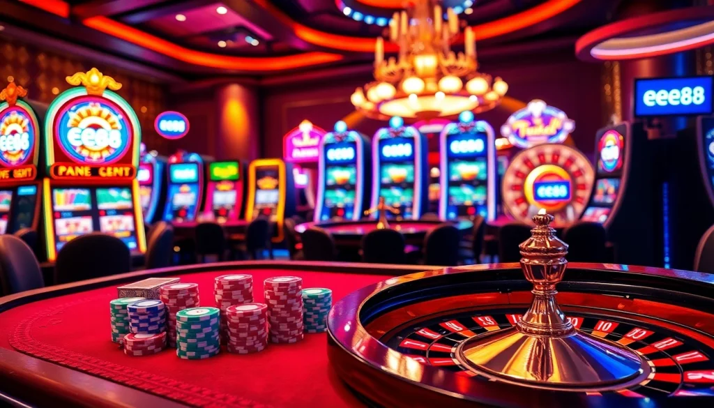 Experience the excitement of gambling at EE88, showcasing a vibrant casino scene with poker and slots.