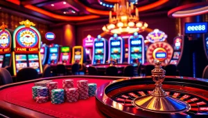 Experience the excitement of gambling at EE88, showcasing a vibrant casino scene with poker and slots.