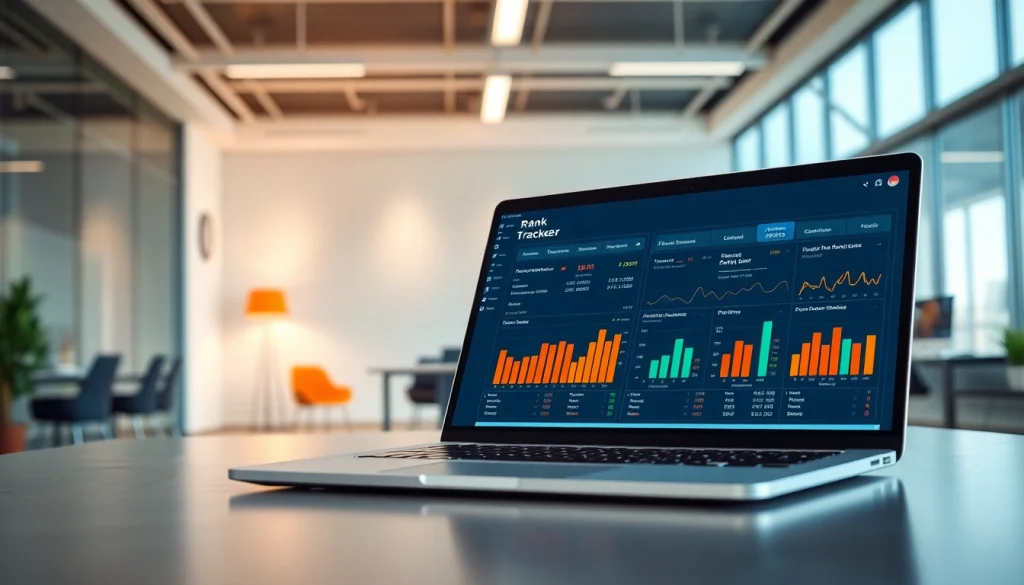 Analyze performance metrics with an SEO Rank Tracker on a modern laptop dashboard.