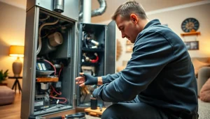 Expert conducting emergency heating repair with precision in a warm home environment.