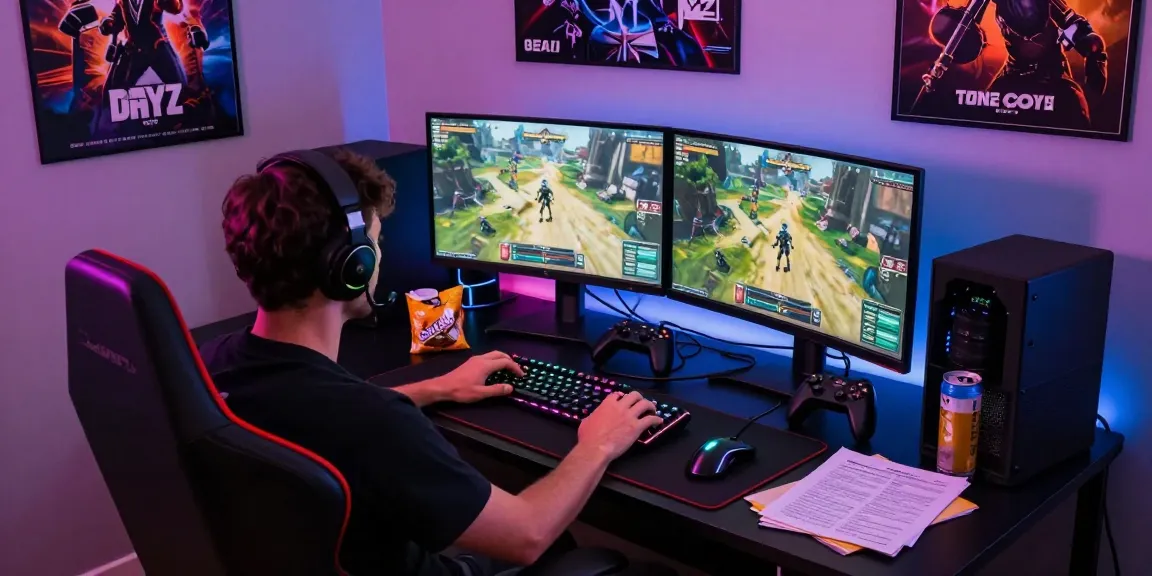 Intense gaming setup featuring PROOFCORE.IO cheat for DayZ with monitors and peripherals.
